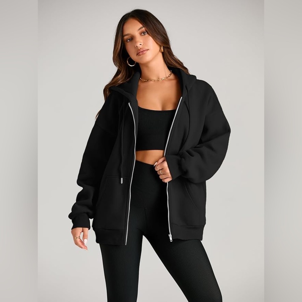 Women's Drawstring Zip Up Cute Hoodies Fall Jacket Oversized size medium black - Picture 8 of 10